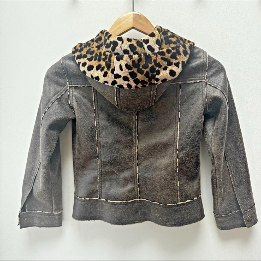 Dollhouse Girls Faux Leather Jacket Sz M Distressed Brown Leopard Lined Hood